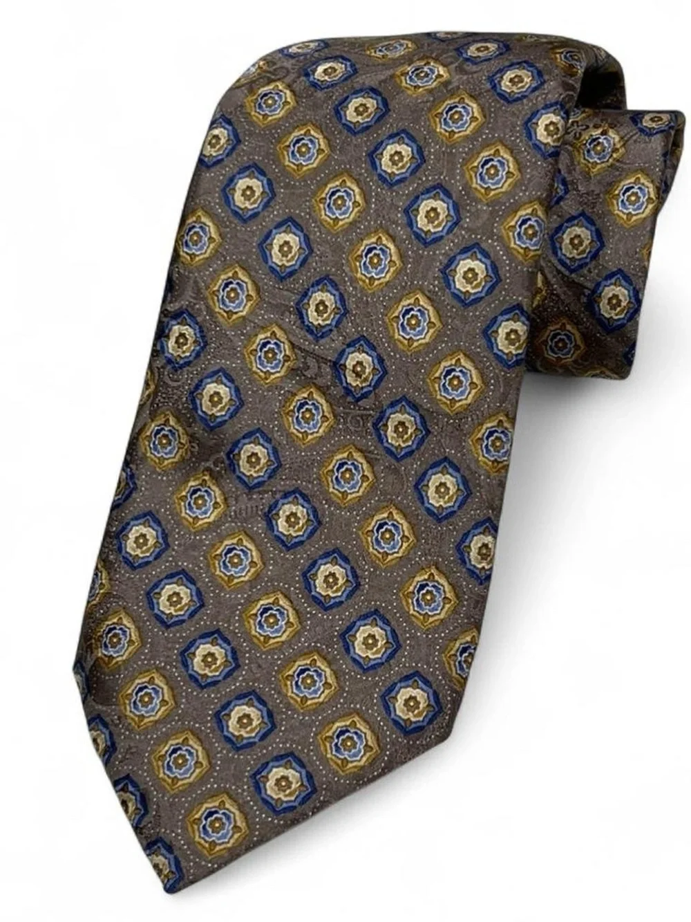 Robert Talbott SILK Tie Brown w/Blue & Gold Medallions  Paisley Print L58